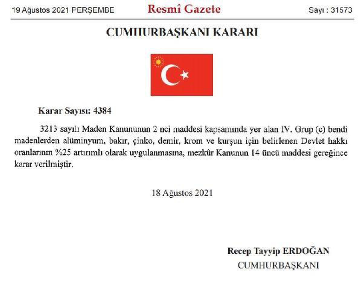 Madenlerde devlet hakkı oranı yüzde 25 artırıldı