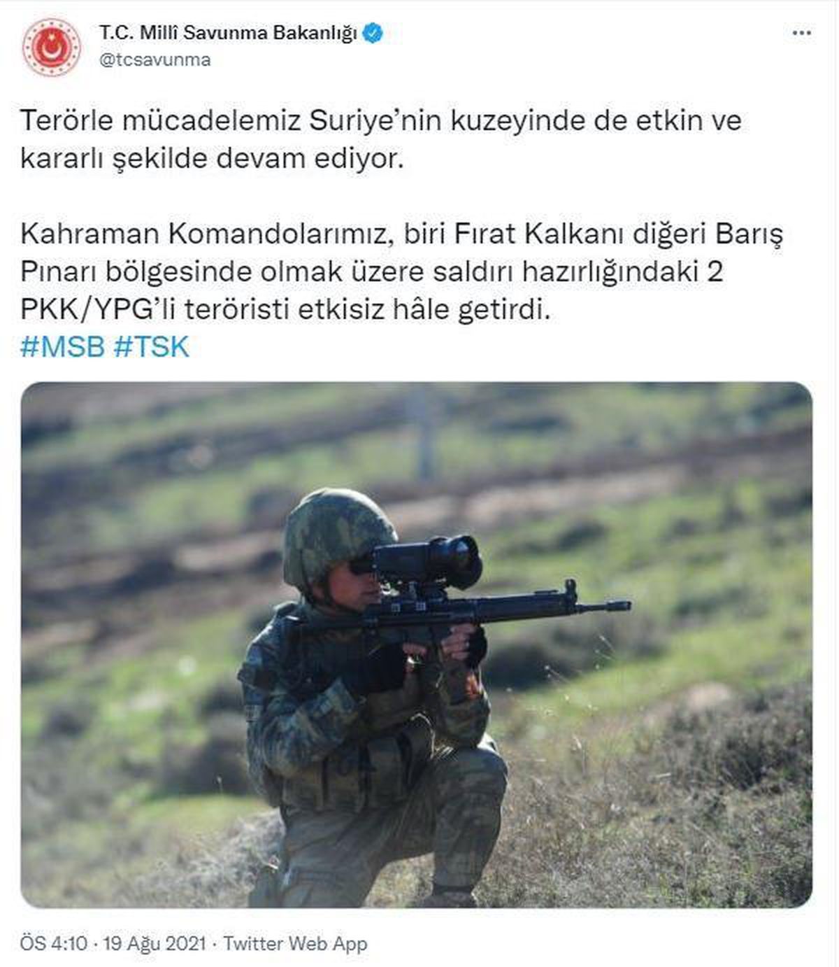 MSB: 2 PKK/YPG\'li terörist etkisiz hale getirildi