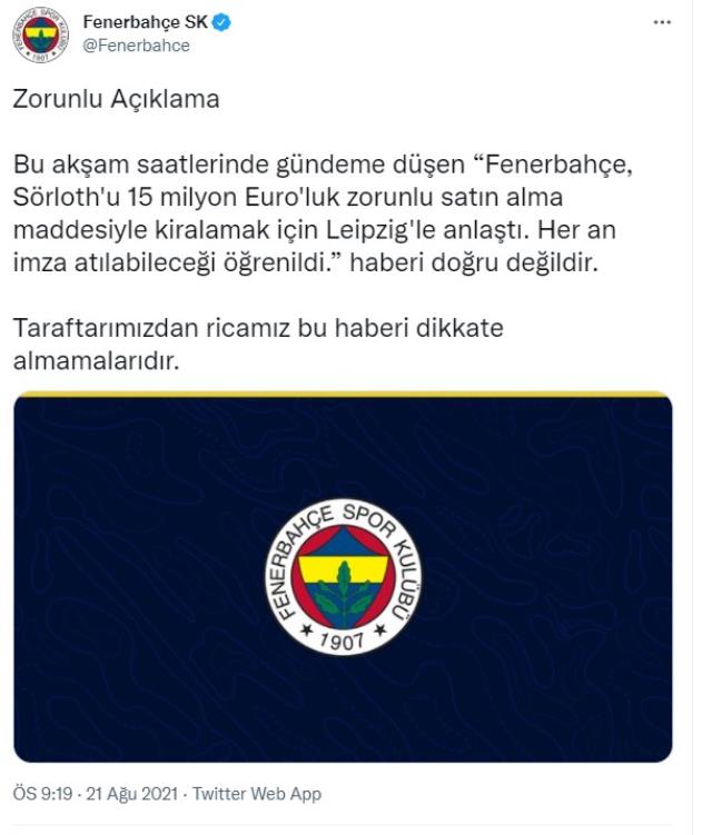 Fenerbahçe, Sörloth'la anlaşmaya varıldığı yönündeki haberleri resmen yalanladı