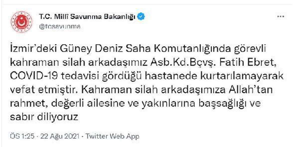MSB: Koronavirüs tedavisi gören astsubay hayatını kaybetti
