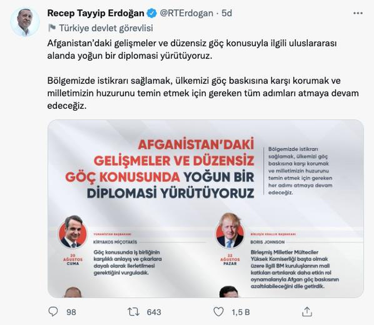 Son dakika haberleri... Cumhurbaşkanı Erdoğan: "Afganistan\'daki gelişmeler ve düzensiz göç konusuyla ilgili uluslararası alanda yoğun bir diplomasi yürütüyoruz."