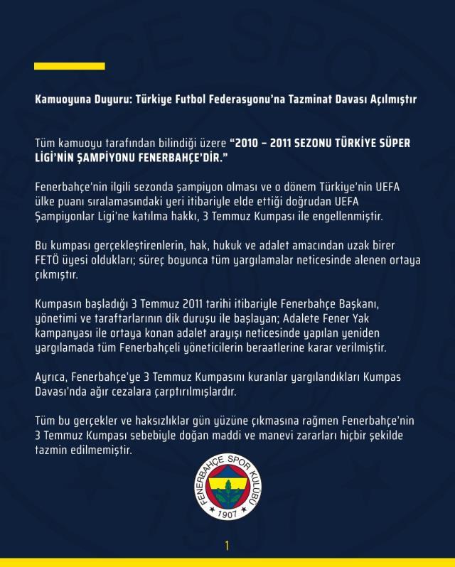 Son Dakika: Fenerbahçe, 3 Temmuz'da maddi zarara uğratıldığı gerekçesiyle TFF'ye 250 milyon TL'lik dava açtı