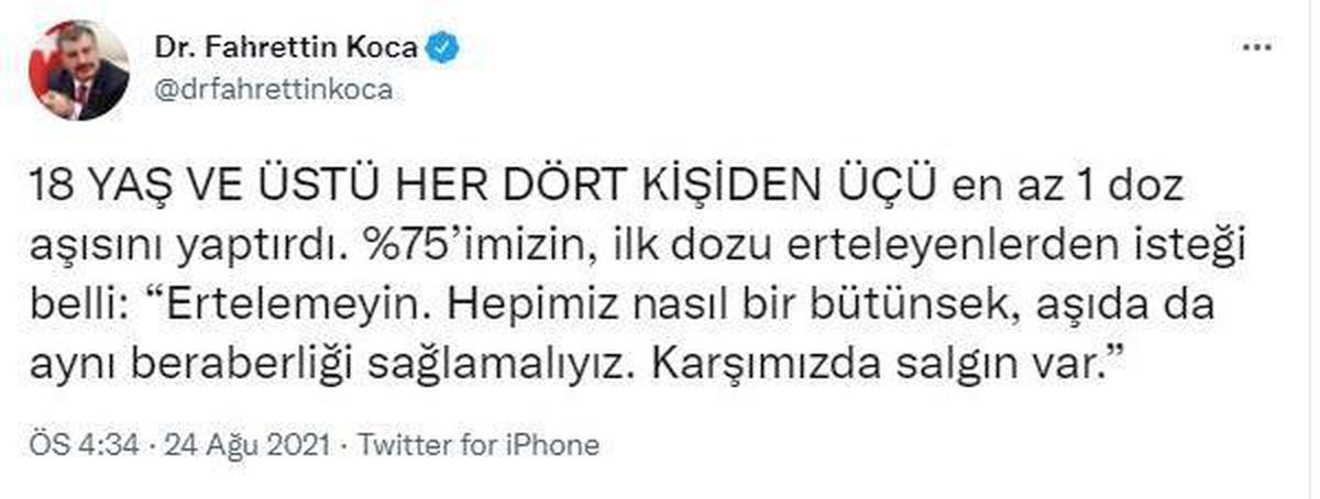 Sağlık Bakanı Koca: "18 yaş ve üstü her 4 kişiden 3\'ü en az bir doz aşısını yaptırdı"
