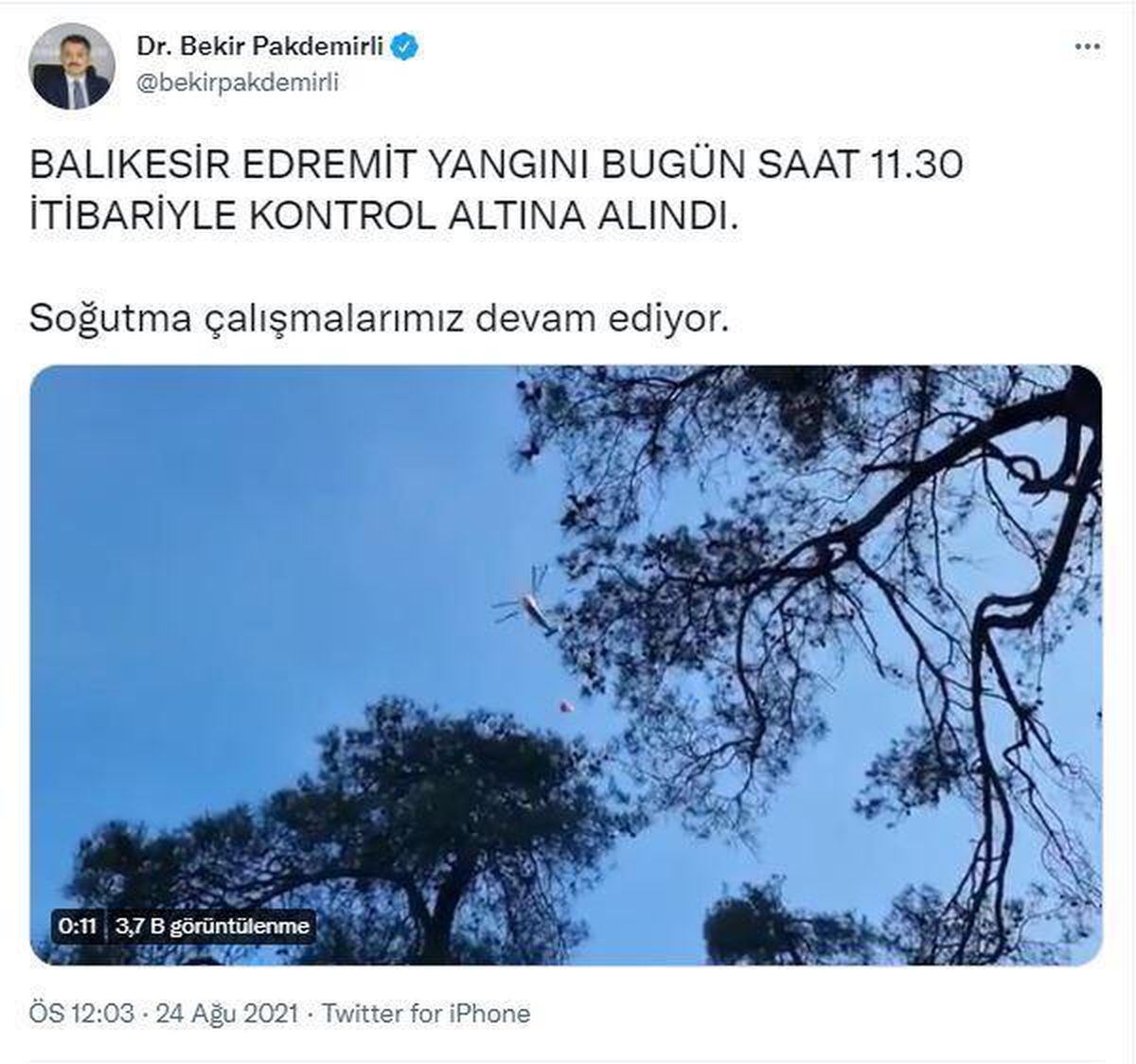 Bakan Pakdemirli: Edremit yangını kontrol altına alındı