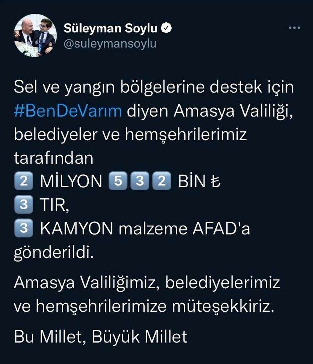 Bakan Soylu\'dan Amasyalılara yardım teşekkürü