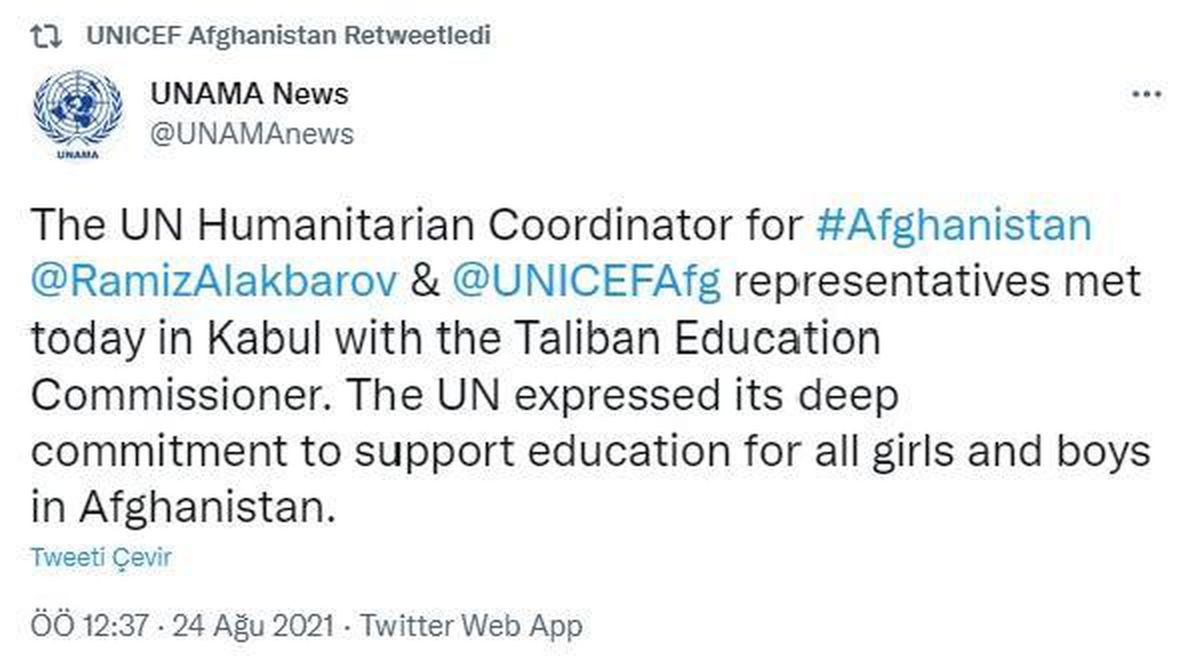 BM ve UNICEF temsilcileri Taliban Eğitim Komiseriyle görüştü.