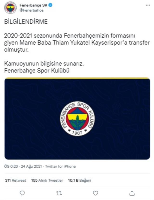 Kayserispor, Fenerbahçe'den Mame Thiam'ı resmen kadrosuna kattı