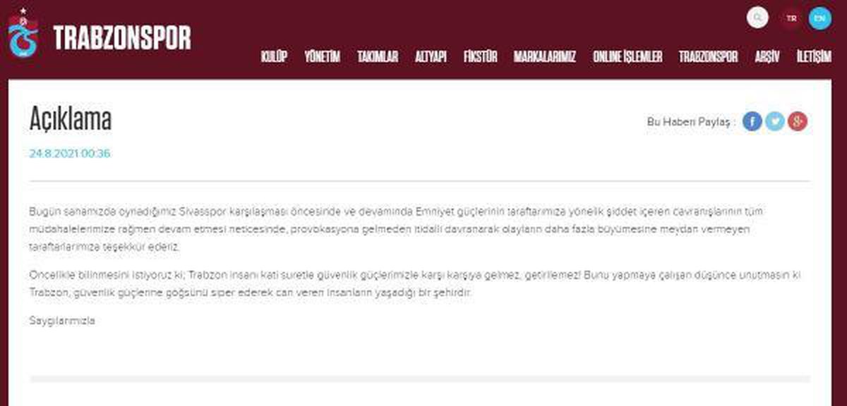 Trabzonspor\'dan \'taraftar\' açıklaması