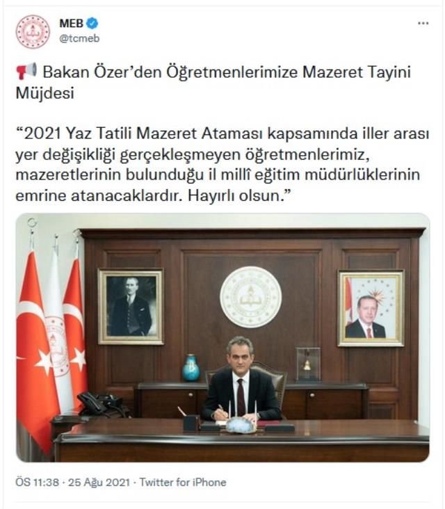 Bakan Özer'den öğretmenlere mazeret tayini müjdesi