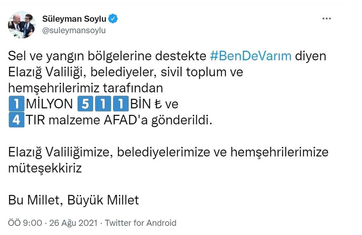 Son dakika haber! Elazığ\'dan sel ve yangın bölgelerine 1 milyon 511 bin lira destek