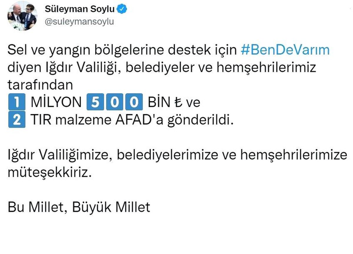 Son dakika haber... Bakan Soylu\'dan sel ve yangın bölgesine yardım eden Iğdırlılara teşekkür