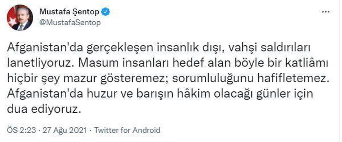 Son dakika haberleri: TBMM Başkanı Şentop\'tan Kabil\'deki terör saldırısına kınama