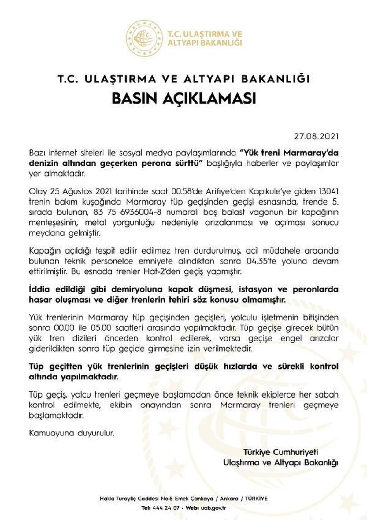 Ulaştırma ve Altyapı Bakanlığından \'Marmaray\' açıklaması