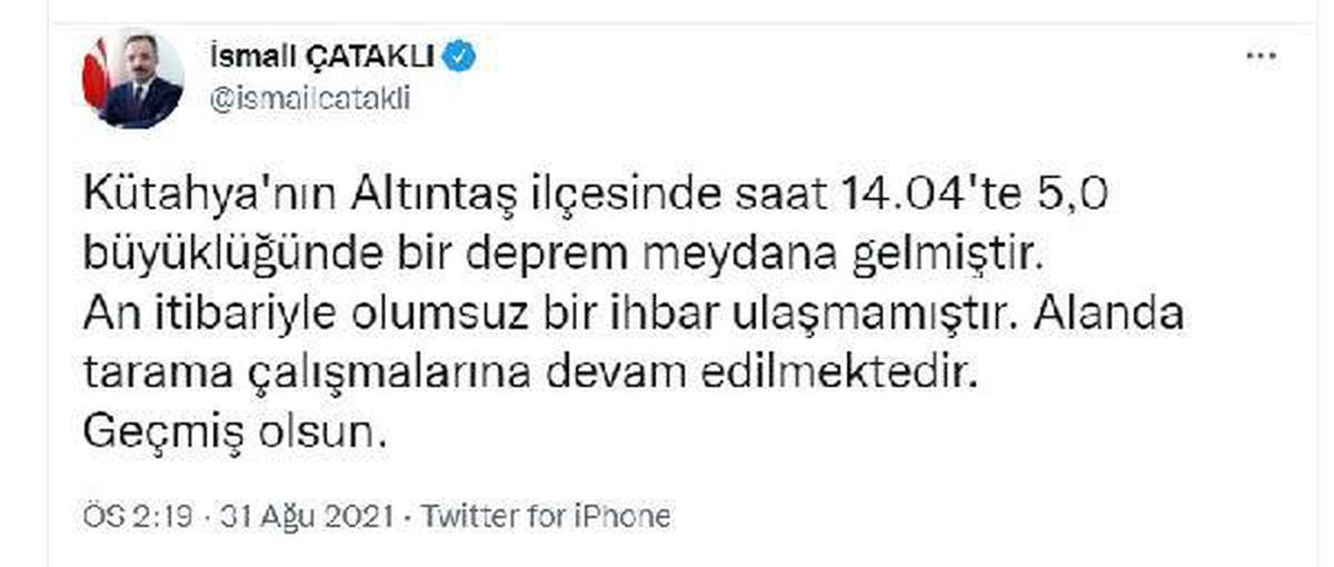 İçişleri Bakan Yardımcısı Çataklı\'dan Kütahya\'daki depreme ilişkin açıklama Açıklaması