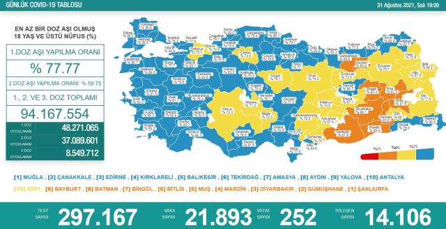 Son Dakika: Türkiye'de 31 Ağustos günü koronavirüs nedeniyle 252 kişi vefat etti, 21 bin 893 yeni vaka tespit edildi
