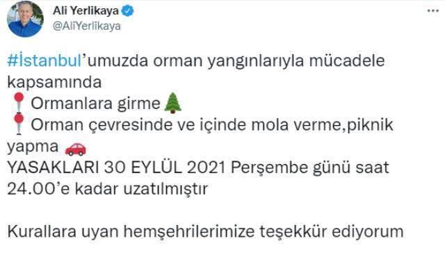 Son Dakika: İstanbul'da ormanlara giriş yasağının süresi 30 Eylül'e kadar uzatıldı Son Dakika: İstanbul'da ormanlara giriş yasağının süresi 30 Eylül'e kadar uzatıldı