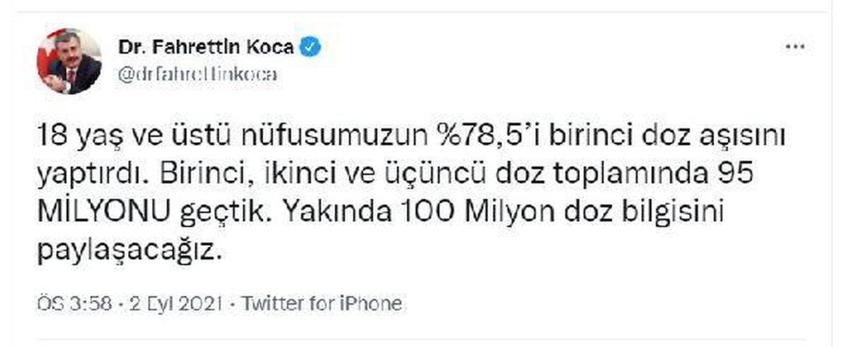 Koca: 18 yaş ve üstü nüfusumuzun yüzde 78,5\'i birinci doz aşısını yaptırdı