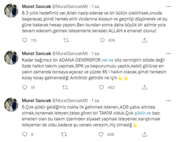 Murat Sancak: Adana Demirspor'u borsaya açacağız ve yüzde 85'i halkın olacak 