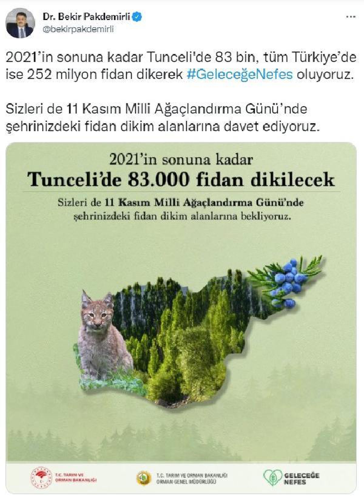 Bakan Pakdemirli: Tunceli\'de 83 bin fidan dikeceğiz