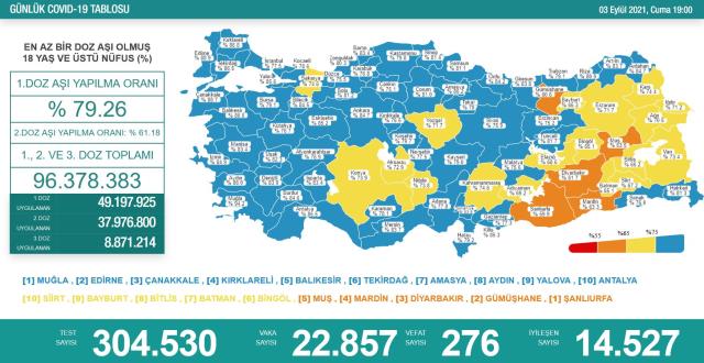 Son Dakika: Türkiye'de 3 Eylül günü koronavirüs nedeniyle 276 kişi vefat etti, 22 bin 857 yeni vaka tespit edildi