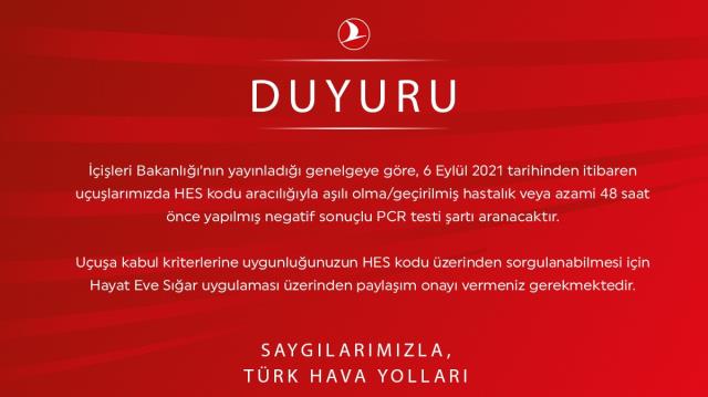 THY ve Pegasus'tan 6 Eylül kararı! Aşısız yolculara PCR negatif testi sunma zorunluluğu getirildi