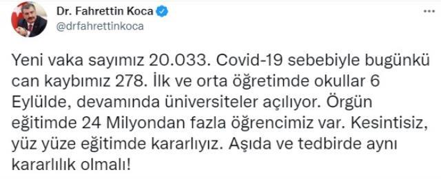 Son Dakika: Türkiye'de 4 Eylül günü koronavirüs nedeniyle 278 kişi vefat etti, 20 bin 33 yeni vaka tespit edildi