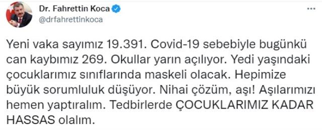 Son Dakika: Türkiye'de 5 Eylül günü koronavirüs nedeniyle 269 kişi vefat etti, 19 bin 391 yeni vaka tespit edildi