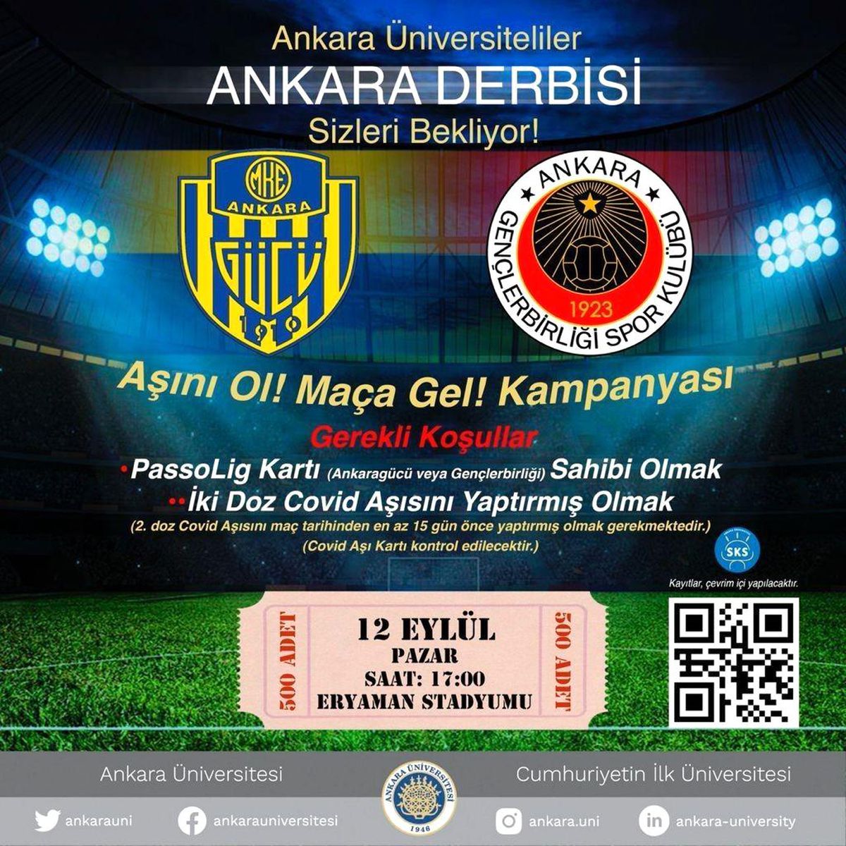 İki doz aşısını olan üniversiteliye derbi bileti ücretsiz