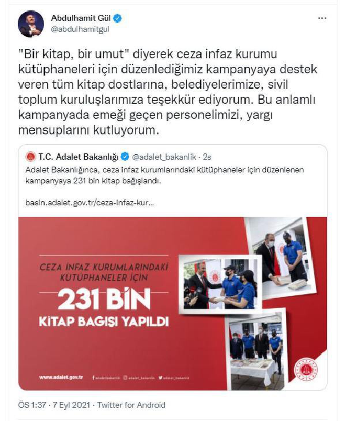 Ceza infaz kurumlarındaki kütüphaneler için 231 bin 627 kitap bağışı