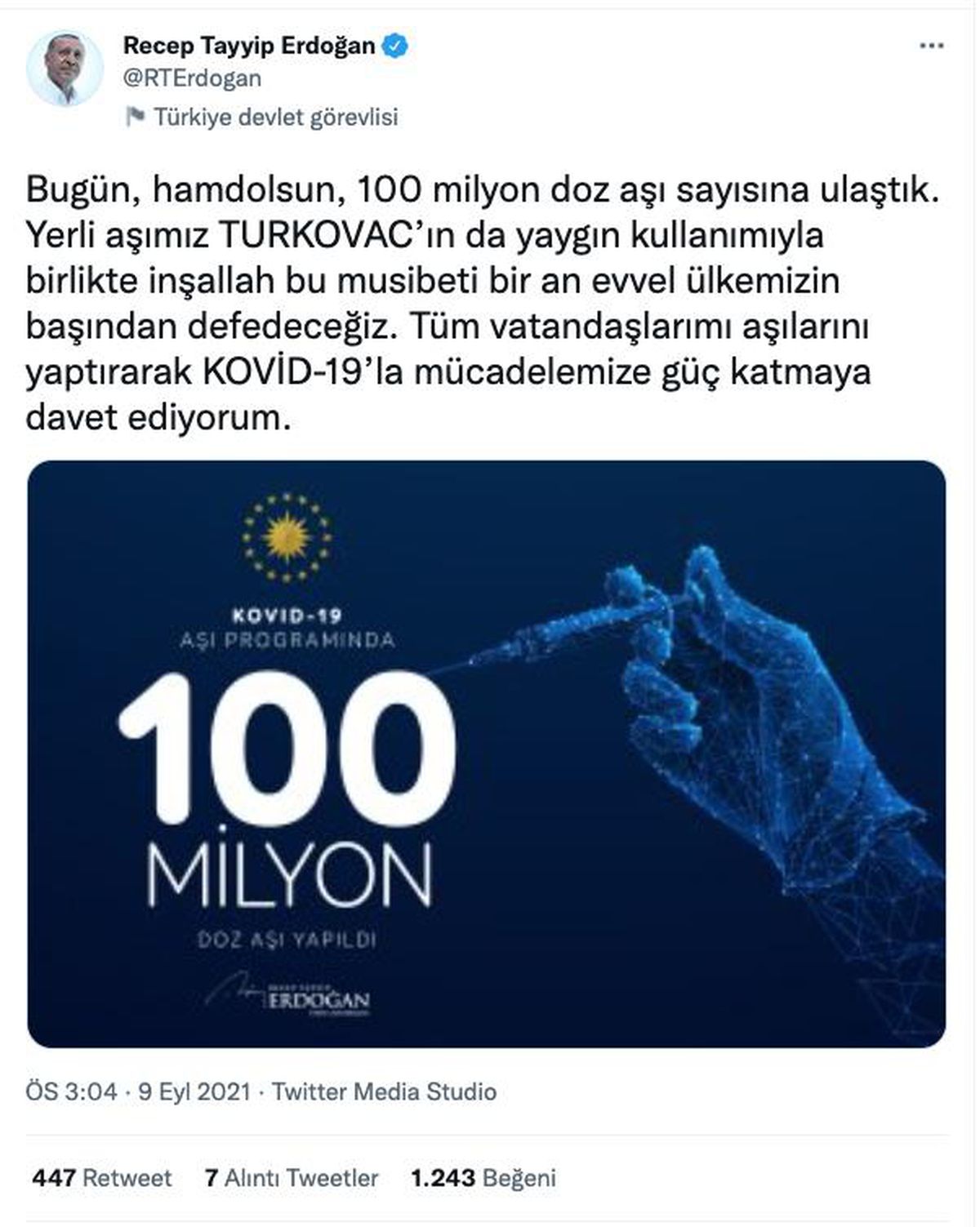 Son dakika haber... Cumhurbaşkanı Erdoğan: "Bugün 100 milyon doz aşı sayısına ulaştık. Yerli aşımız TURKOVAC\'ın da yaygın kullanımıyla inşallah bu musibeti bir an evvel...
