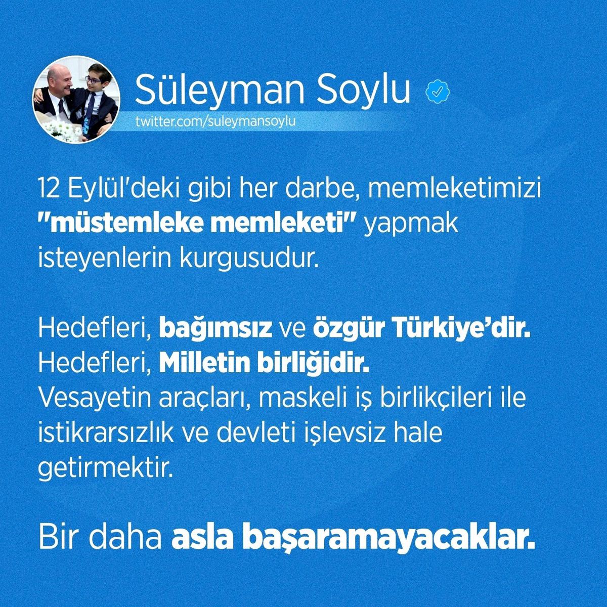 Son Dakika | İçişleri Bakanı Soylu: "12 Eylül\'deki gibi her darbe, memleketimizi \'müstemleke memleketi\' yapmak isteyenlerin kurgusudur"