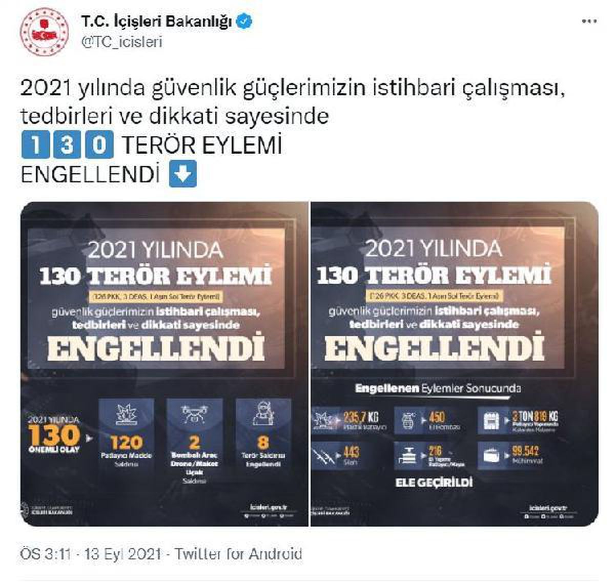 İçişleri: 2021\'de 130 terör eylemi engellendi