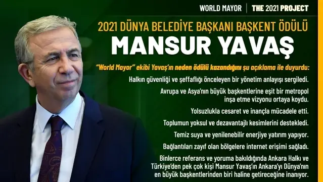 2021 Dünya Belediye Başkanı Başkent Ödülü Mansur Yavaş'ın