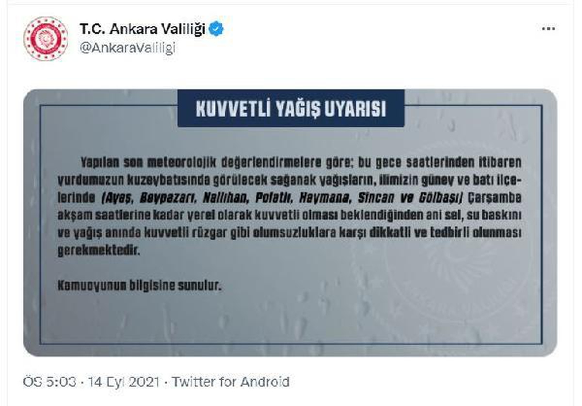 Ankara Valiliği\'nden kuvvetli yağış uyarısı
