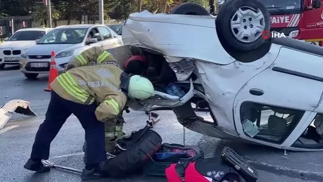 Maslak'ta servis aracına çarpan otomobil takla attı: 2 yaralı