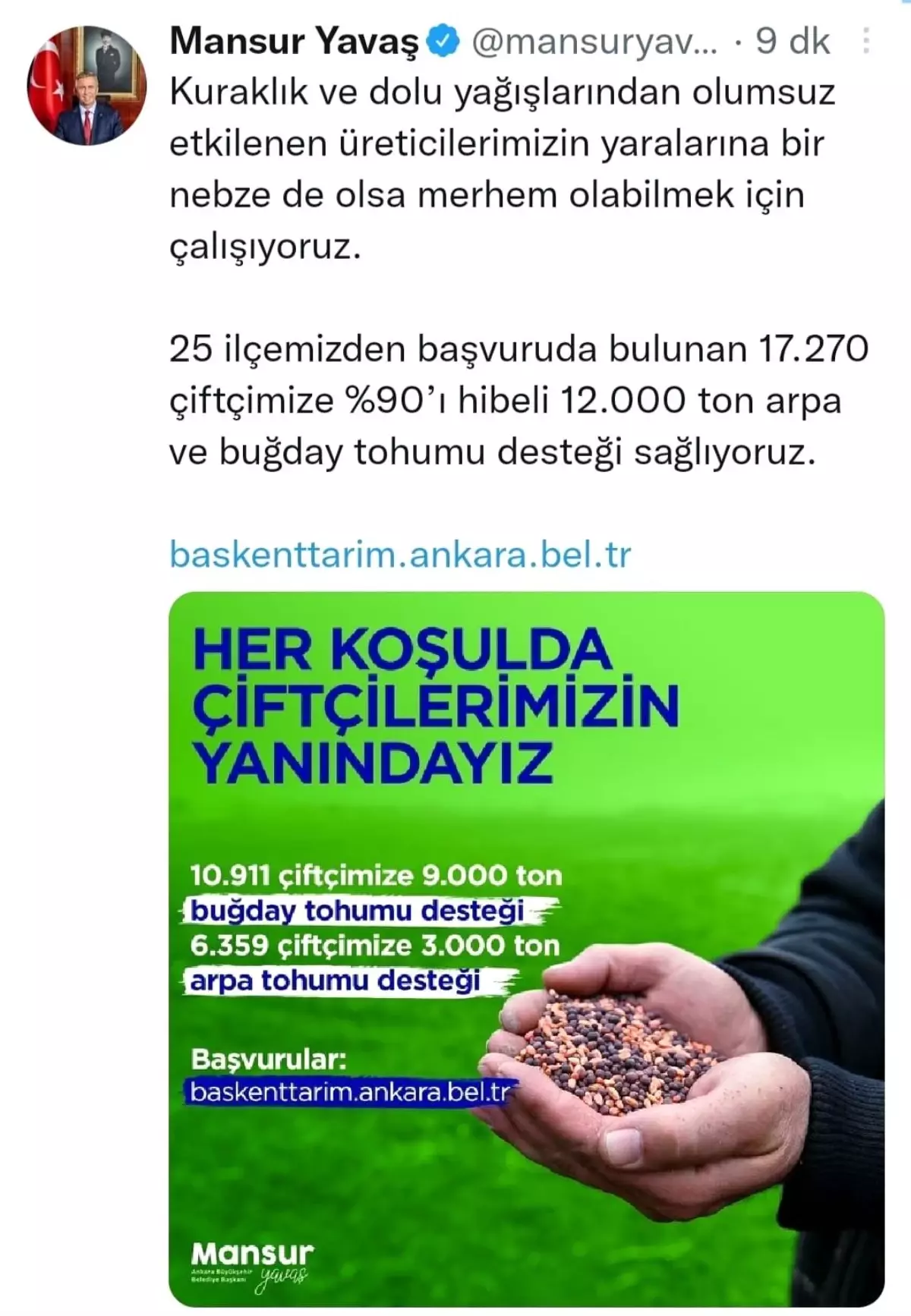 Ankara Büyükşehir Belediyesinden başkentli çiftçilere tohum desteği