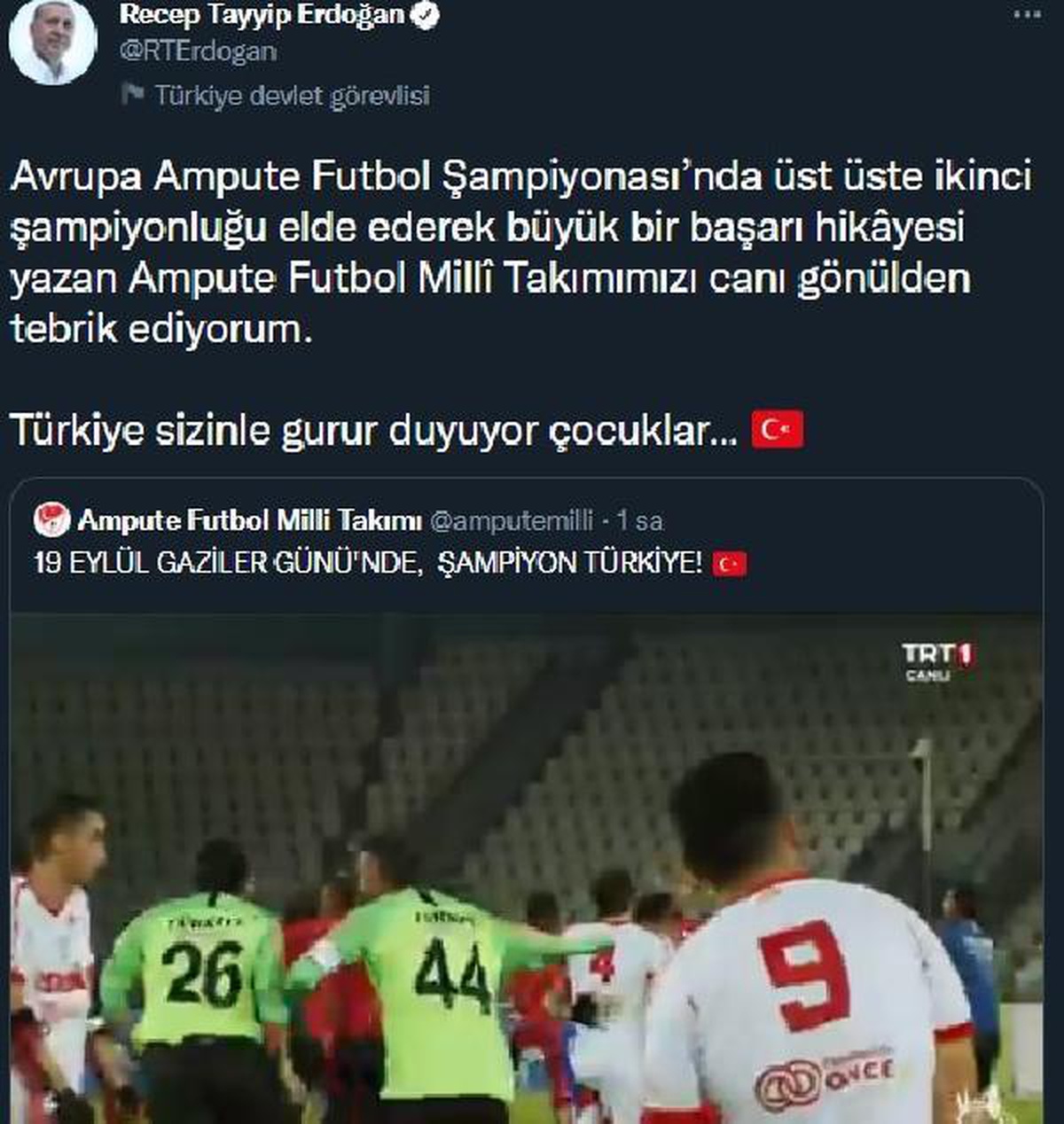 Cumhurbaşkanı Erdoğan, Ampute Futbol Milli Takımı\'nı kutladı