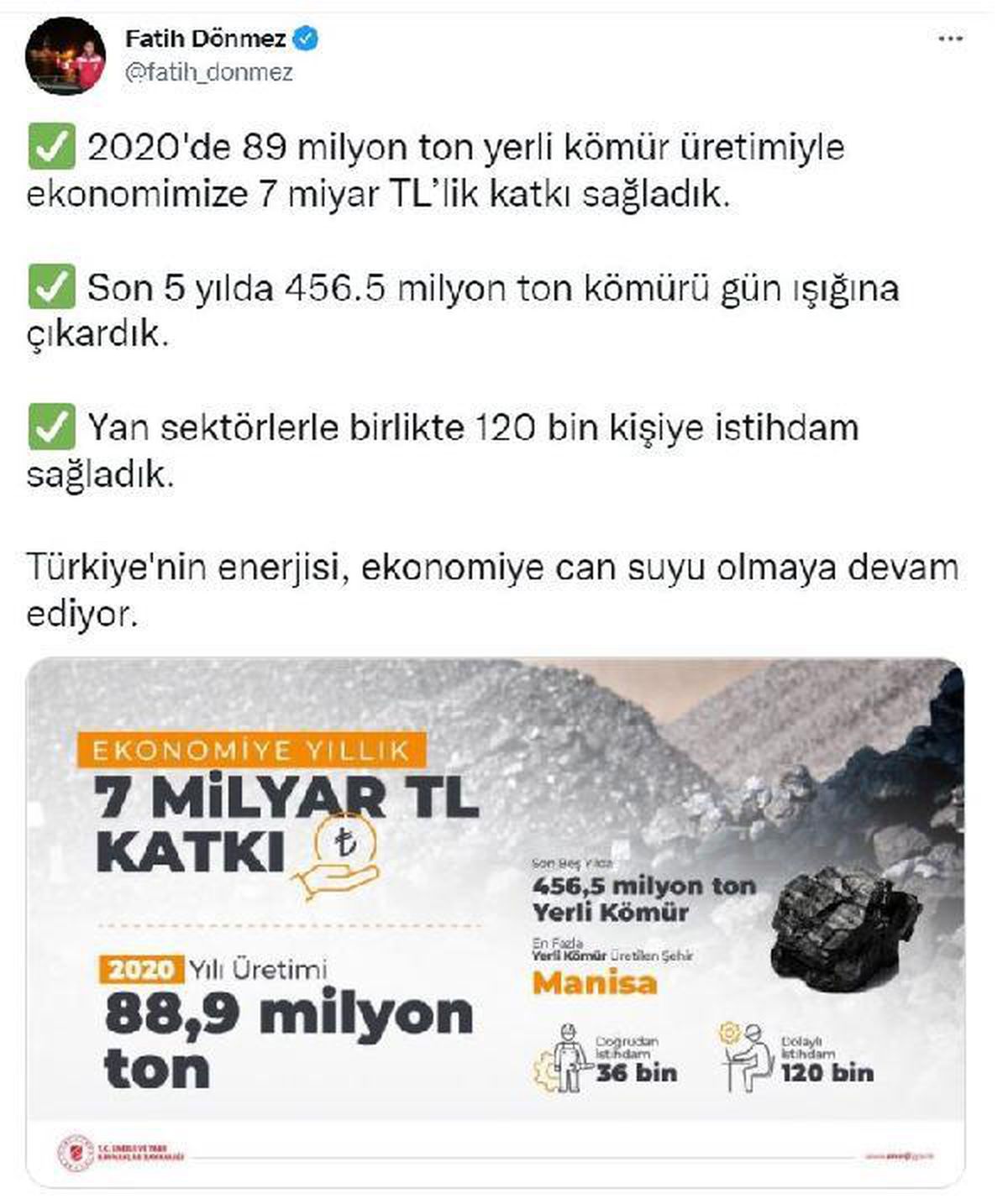 Bakan Dönmez: Son 5 yılda 456.5 milyon ton kömür çıkardık