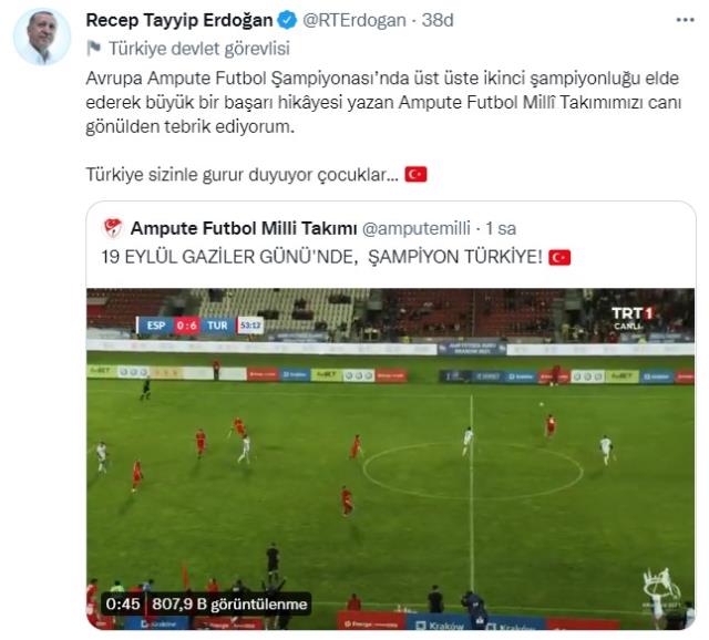 Cumhurbaşkanı Erdoğan, Avrupa şampiyonu olan Ampute Futbol Milli Takımı'nı kutladı