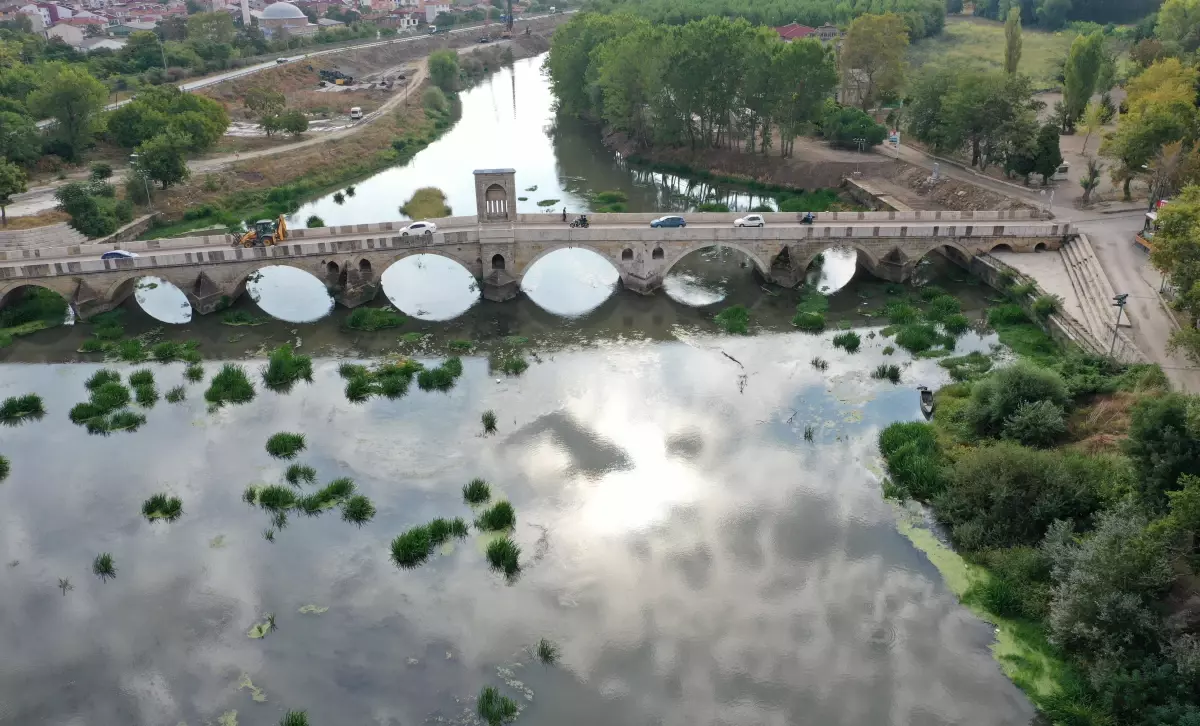 Kuraklık nedeniyle su seviyesi dibe vuran Tunca Nehri\'nde ot öbekleri oluştu