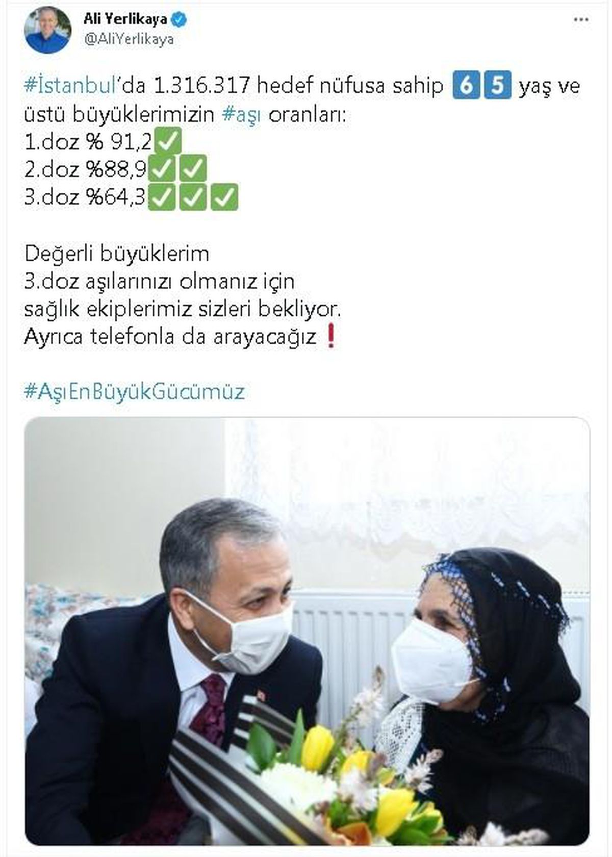 İstanbul Valisi Ali Yerlikaya\'dan 3\'üncü doz aşı paylaşımı