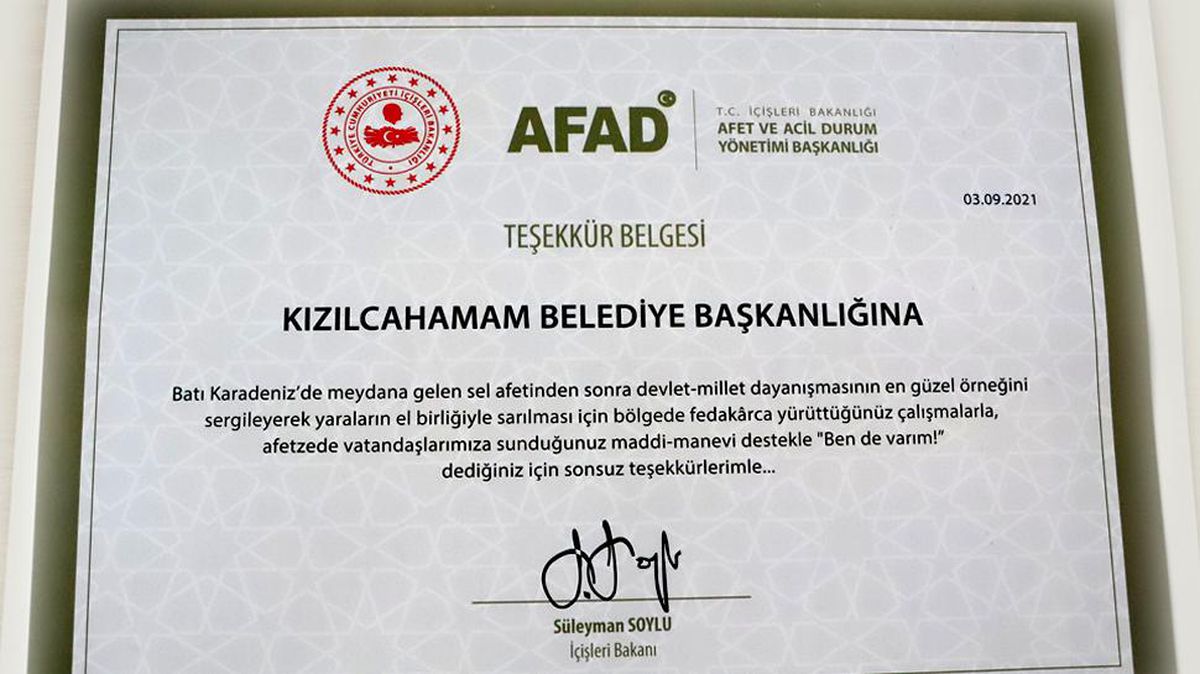 Bakan Soylu\'dan Teşekkür Belgesi