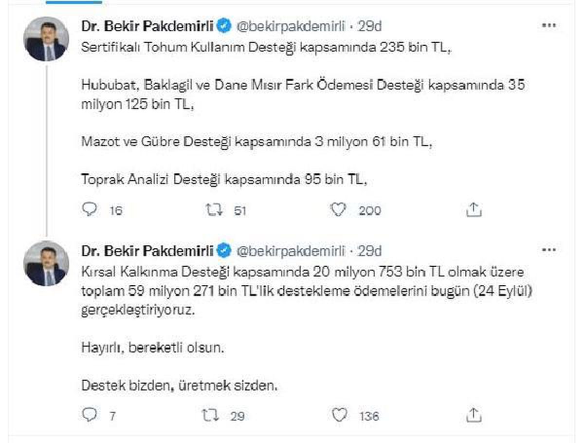 Son dakika... Bakan Pakdemirli: "59 milyon 271 bin liralık destekleme ödemelerini bugün gerçekleştiriyoruz"