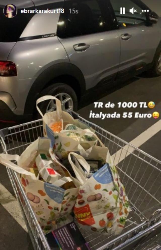 İtalya'da market alışverişinden kare paylaşan Ebrar Karakurt, Türkiye'deki fiyatlara gönderme yaptı
