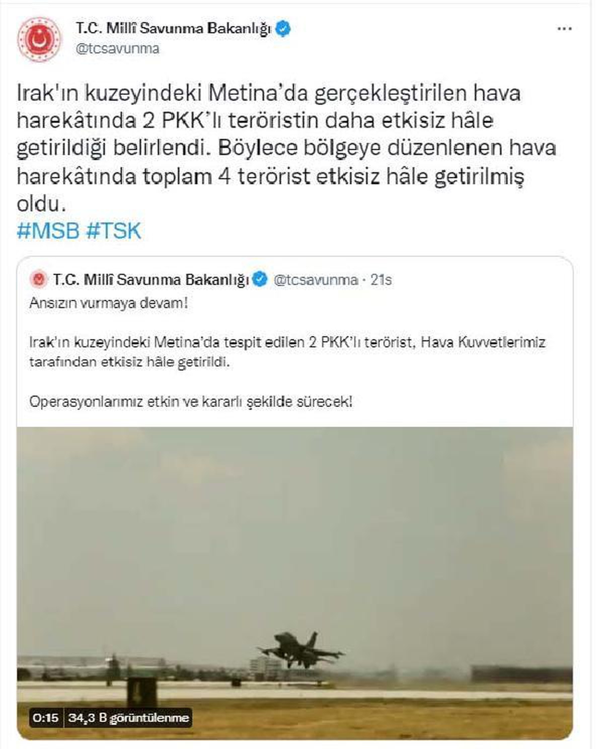 Son dakika haberleri: Irak\'ın kuzeyinde 2 PKK\'lı terörist etkisiz hale getirildi
