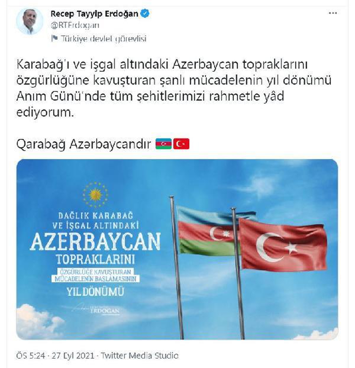 Cumhurbaşkanı Erdoğan, Karabağ Savaşı şehitlerini andı