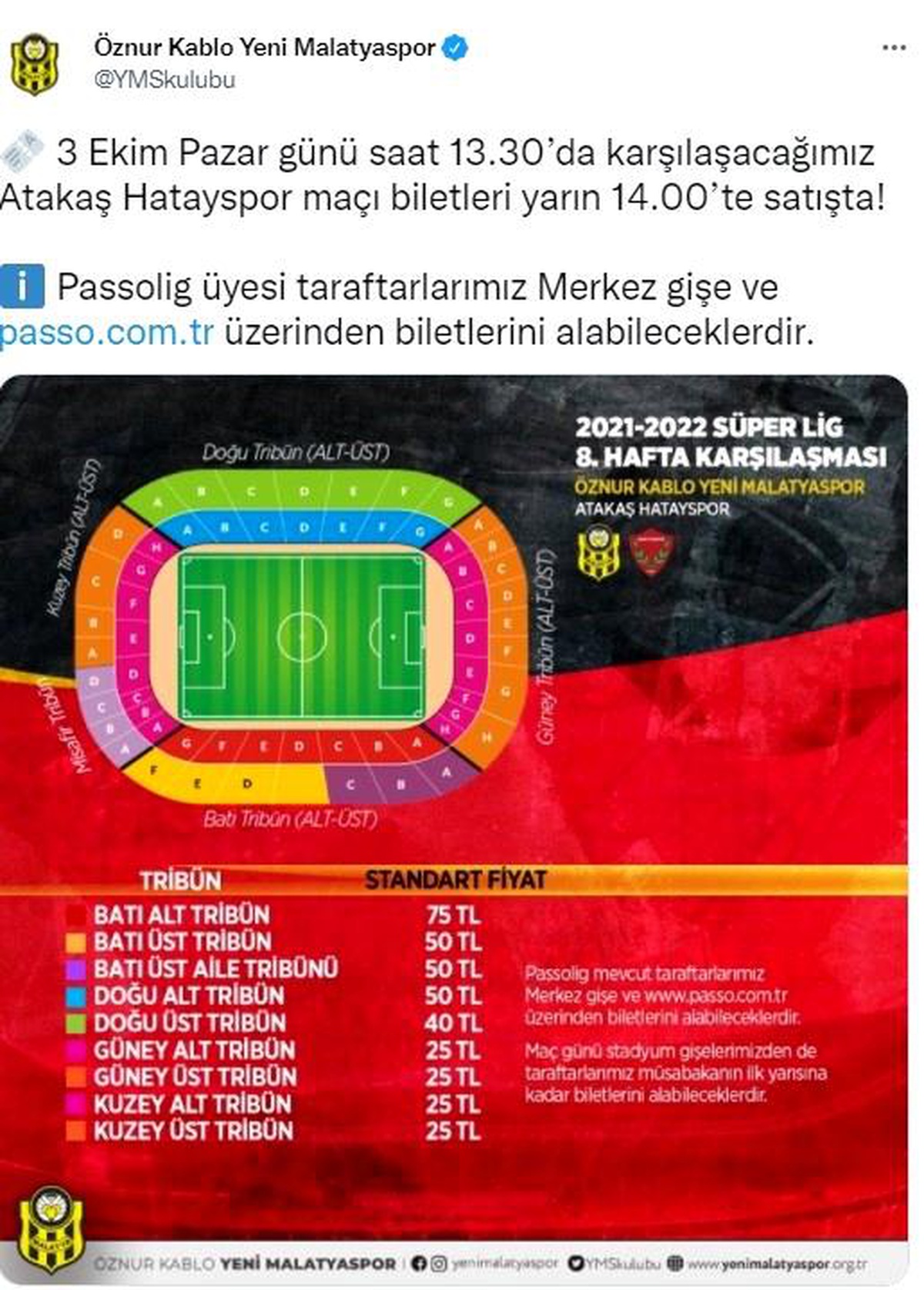 Yeni Malatyaspor Hatayspor maçının biletleri satışa çıkıyor