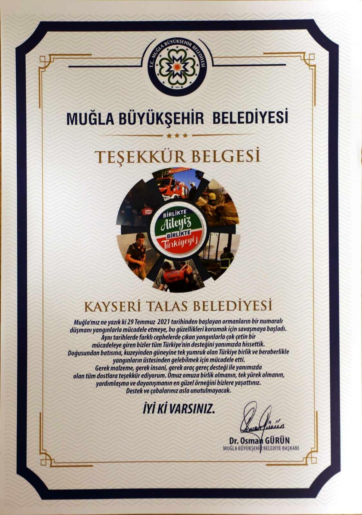 Muğla Belediyesi\'nden Talas\'a \'yangına müdahale\' teşekkürü