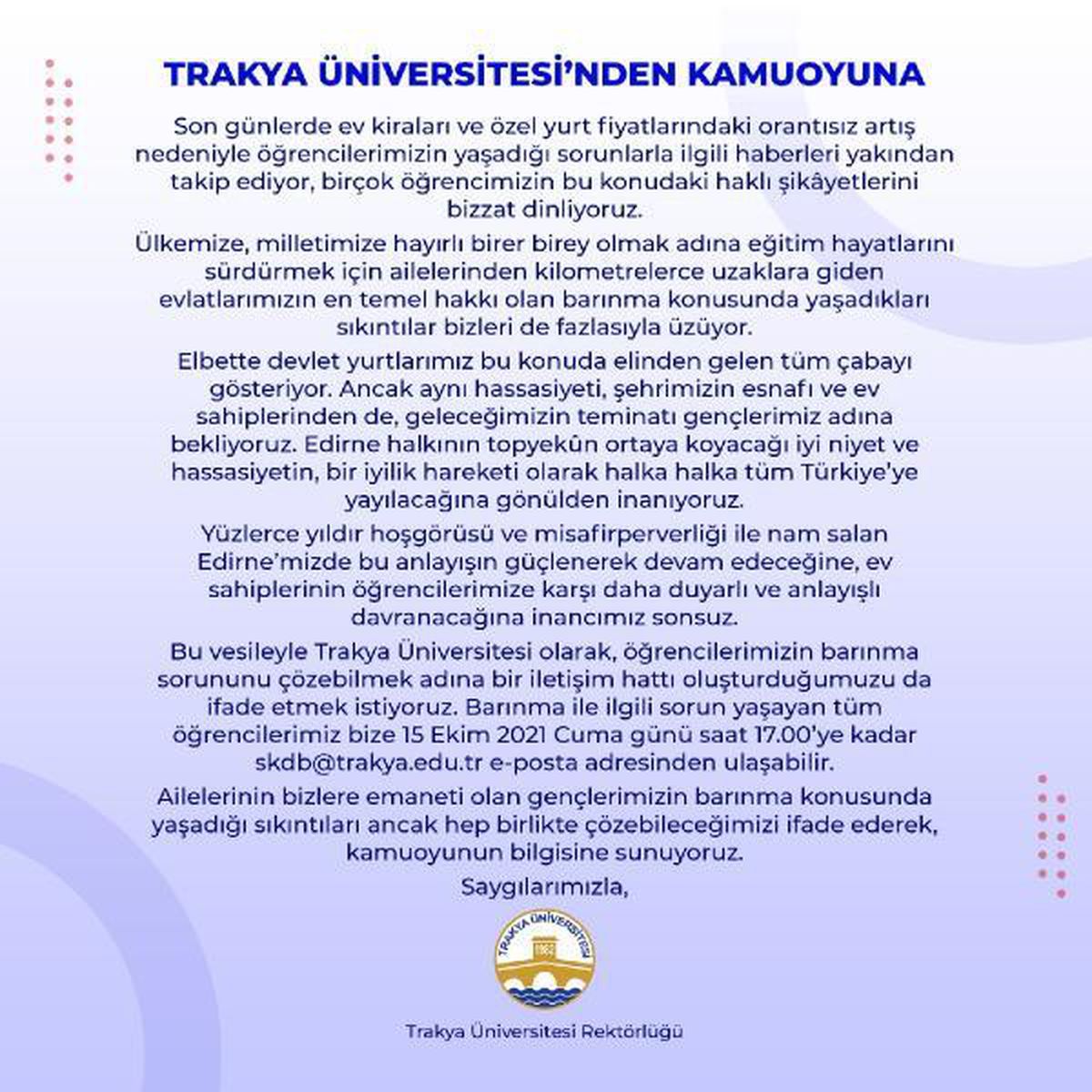 Trakya Üniversitesi\'nden özel yurt ücreti ve ev kiralarına karşı \'duyarlılık\' çağrısı