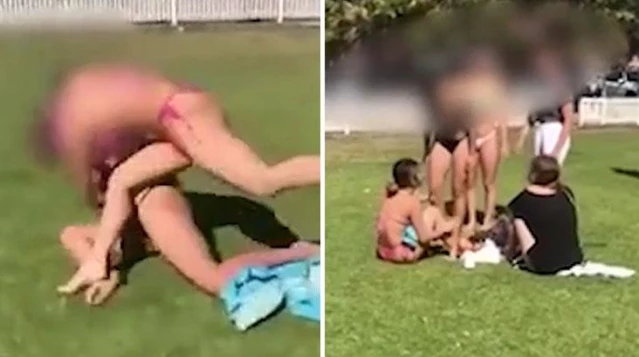 Video kısa sürede viral oldu! Kavga eden kızların bikinisi düştü, erkekler tempo tuttu